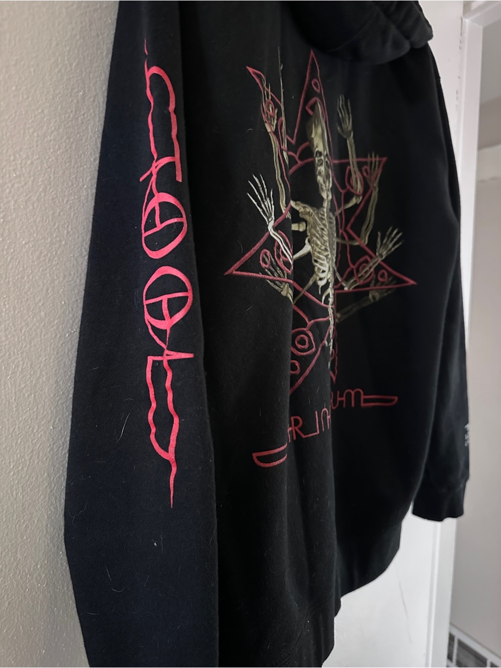 Black Graphic TOOL Skeleton Hoodie with Pink Sleeve Print